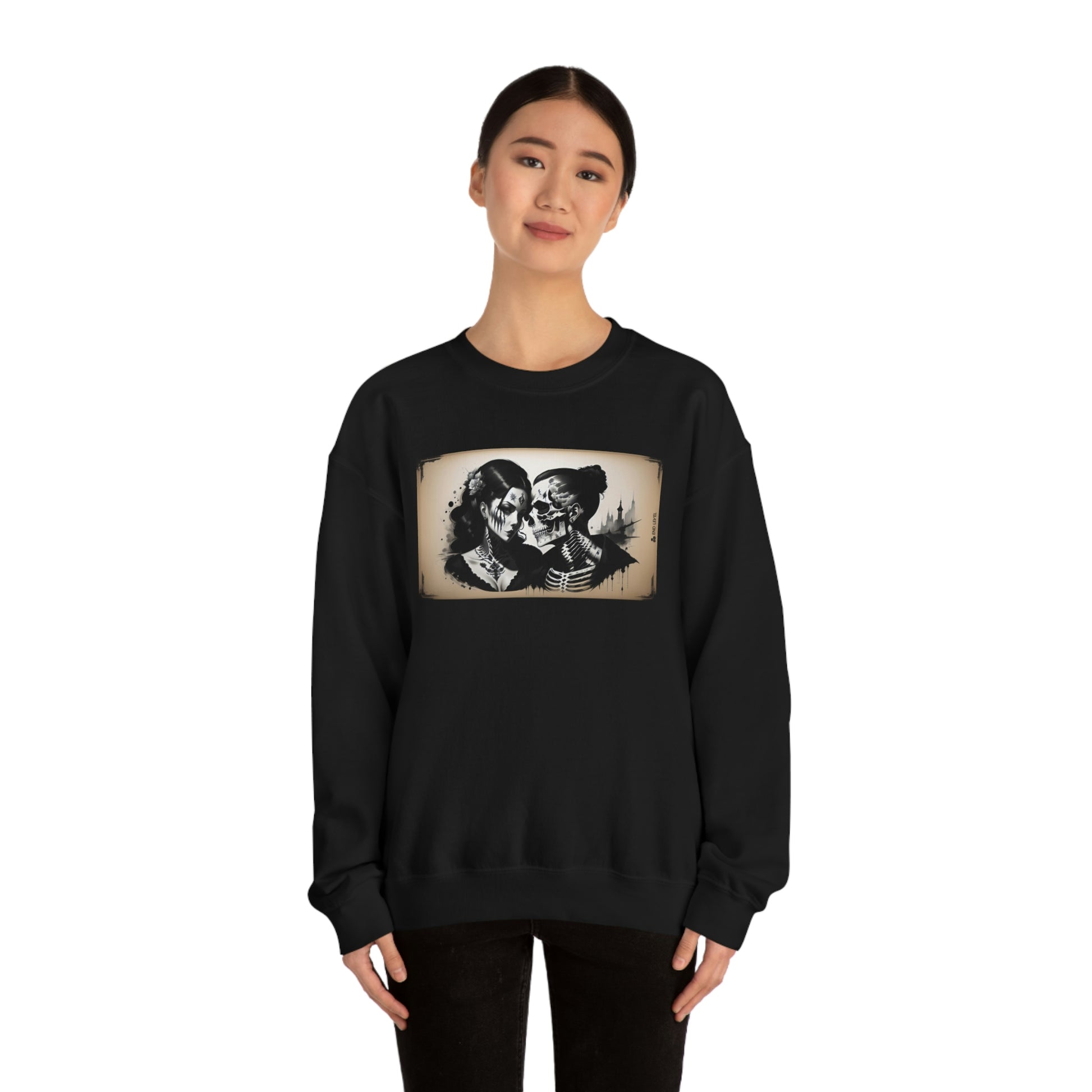 Woman wearing Love Eternal black sweatshirt with black pants.