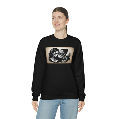 Woman wearing Love Eternal black sweatshirt with blue jeans.