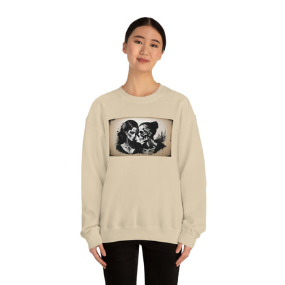 Woman wearing Love Eternal tan sweatshirt with black pants.