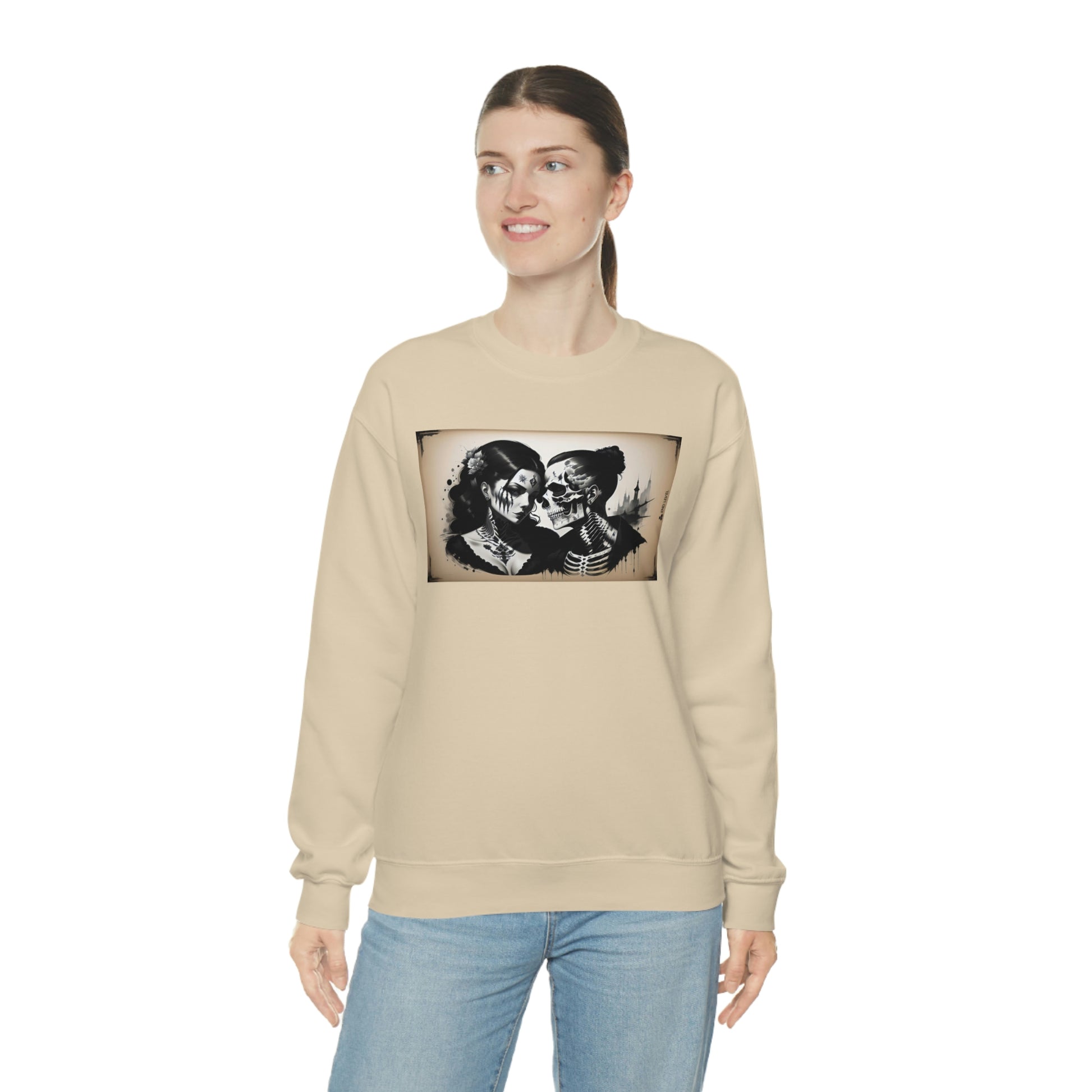 Woman wearing Love Eternal tan sweatshirt with blue jeans.