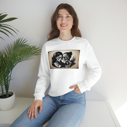 Woman with hand in jean pocket wearing Love Eternal white sweatshirt beside plant.