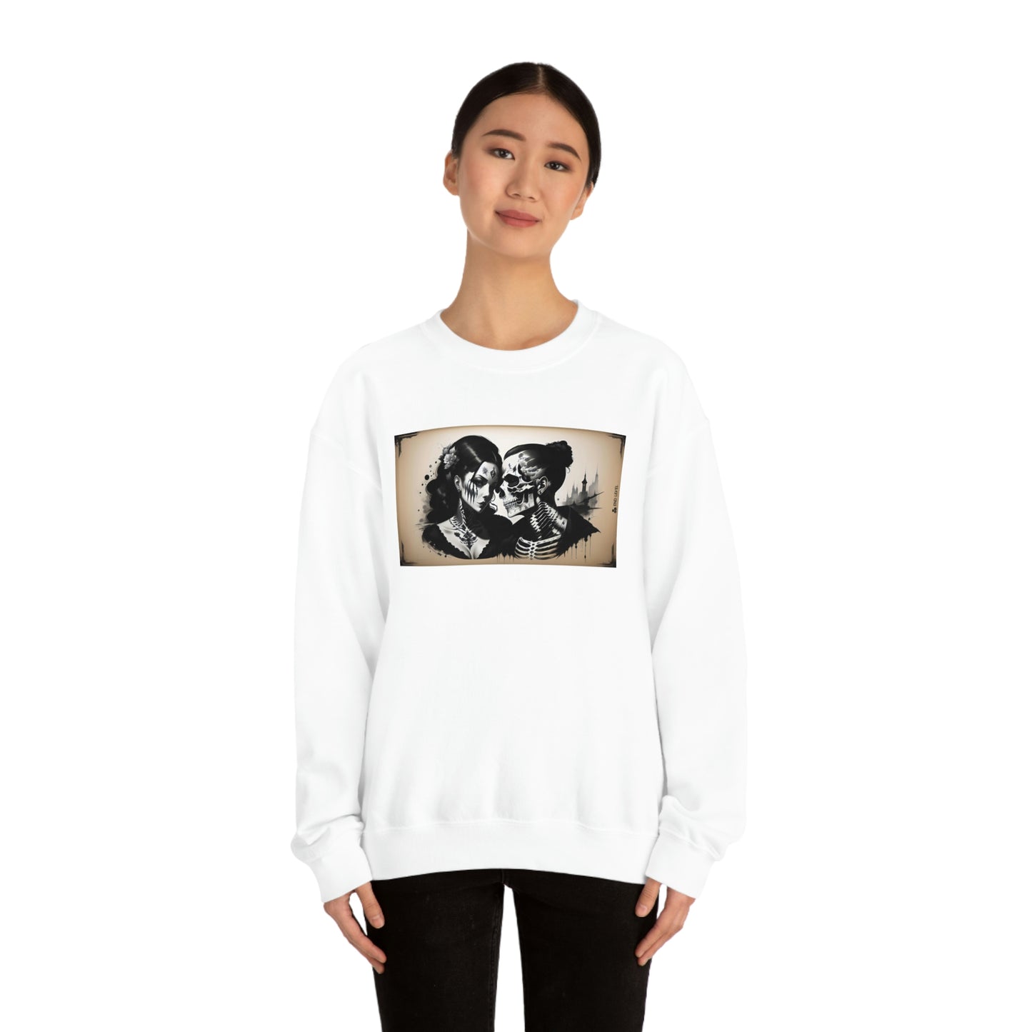 Woman wearing Love Eternal white sweatshirt with black pants.