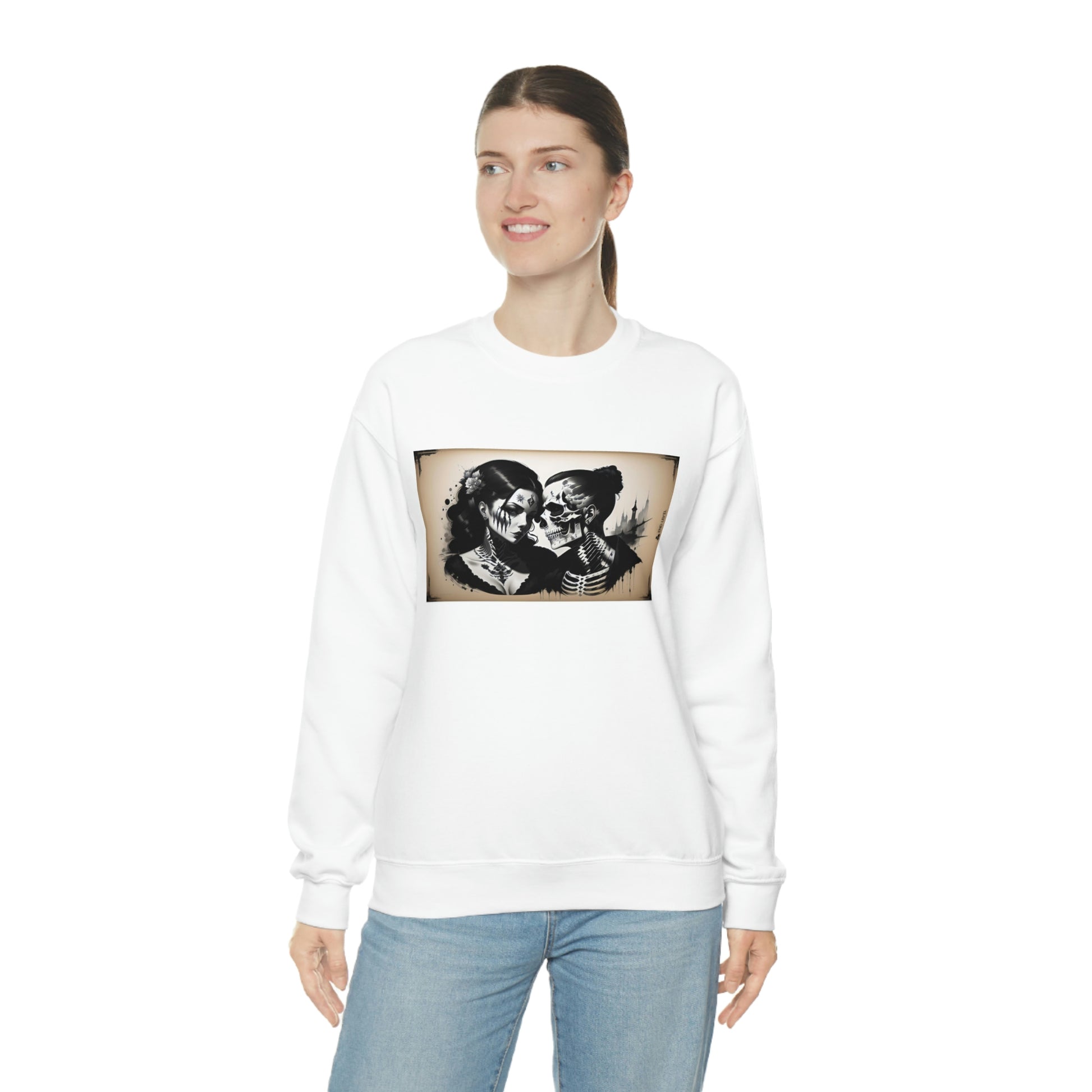 Woman wearing Love Eternal white sweatshirt with blue jeans.