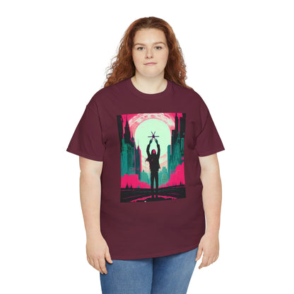 Woman wearing maroon Last Hands Raised tee with red hair.