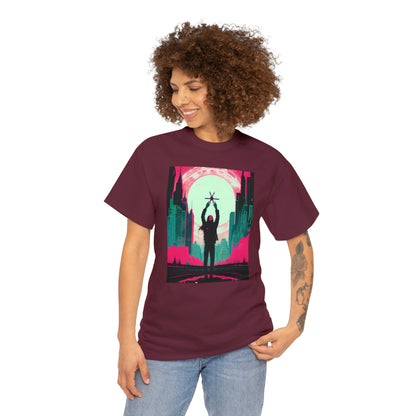 Woman wearing maroon Last Hands Raised tee looking right with hand on left hip.