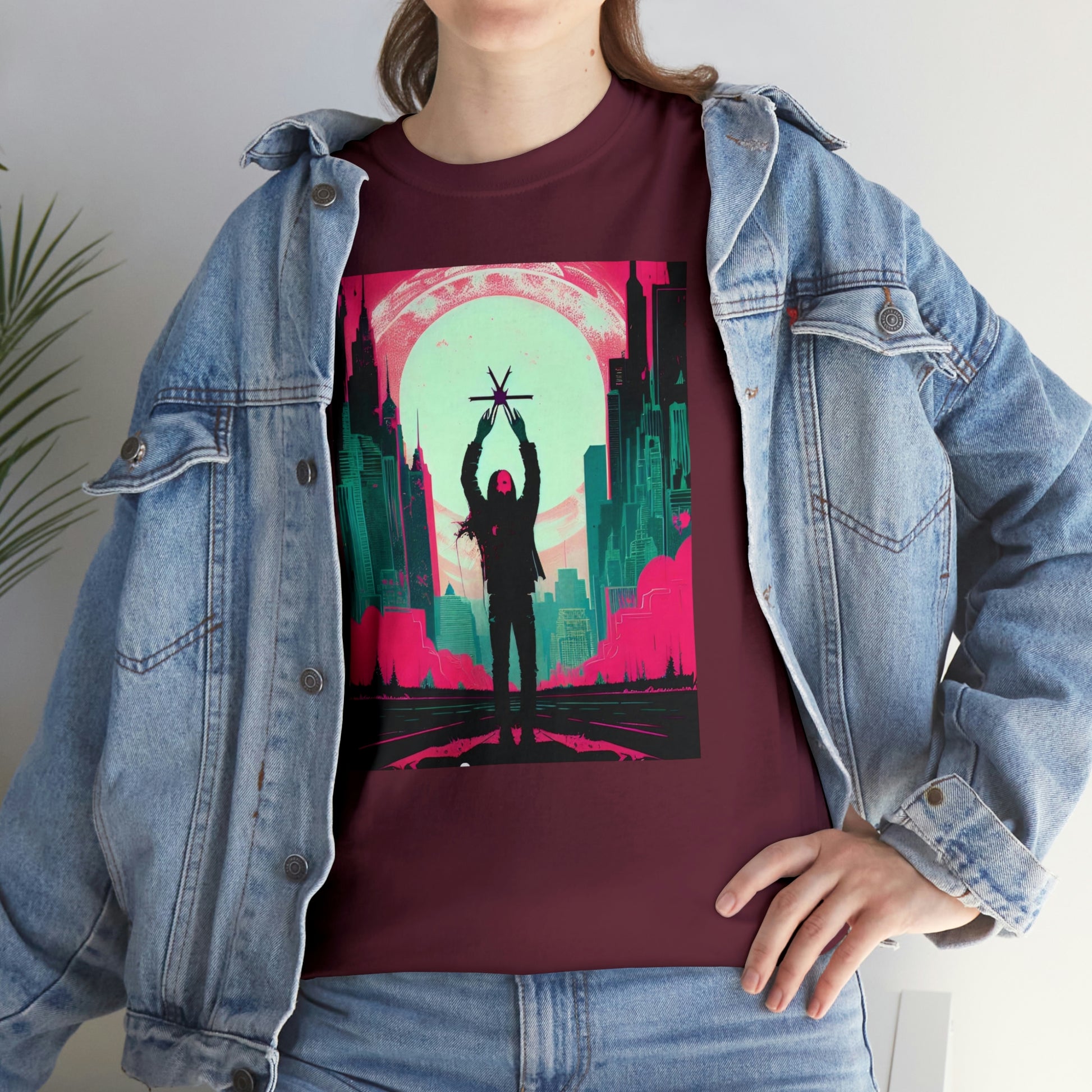 Woman wearing maroon Last Hands Raised tee with hand on hip.