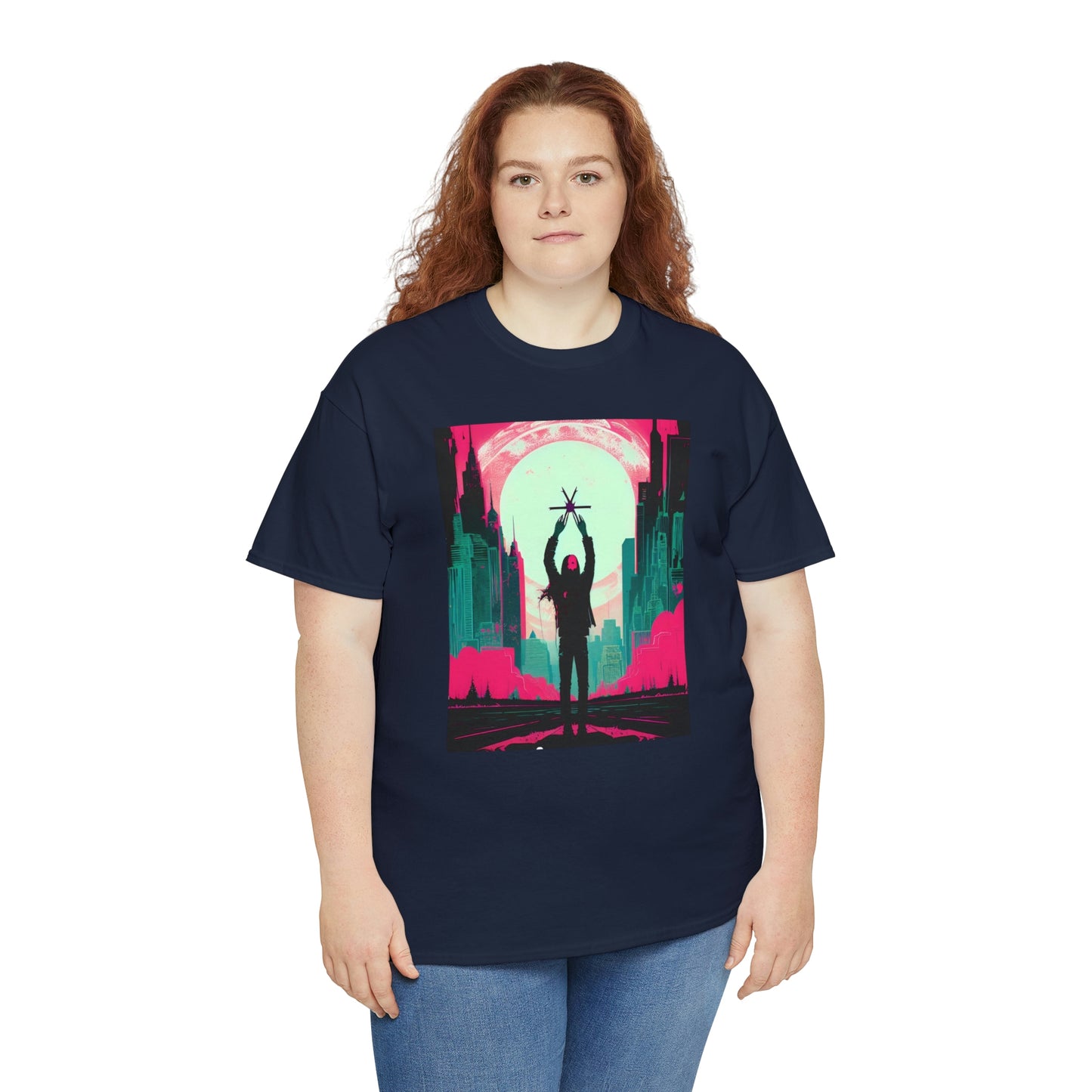 Woman wearing navy Last Hands Raised tee with red hair.