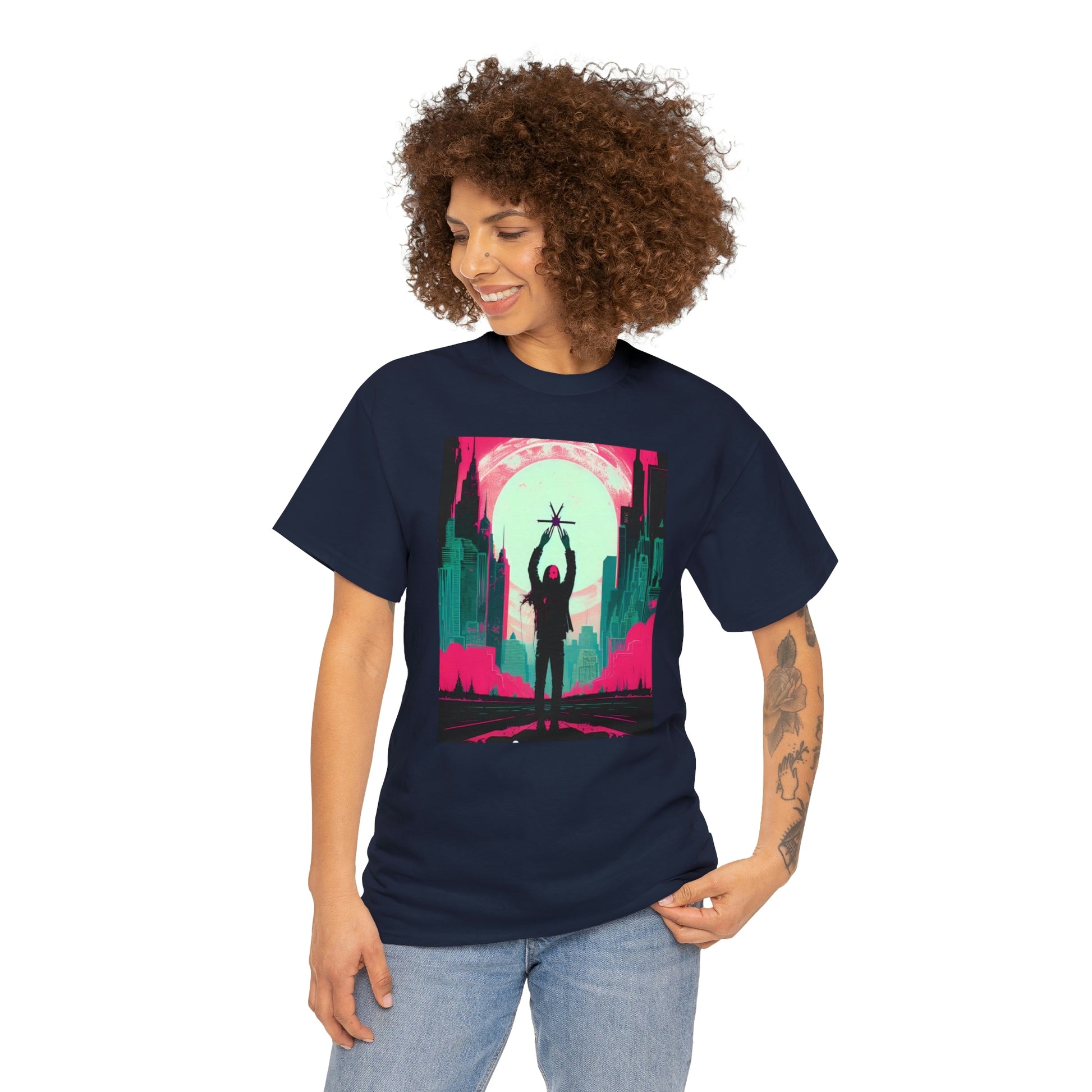 Woman wearing navy Last Hands Raised tee looking right with hand on left hip.