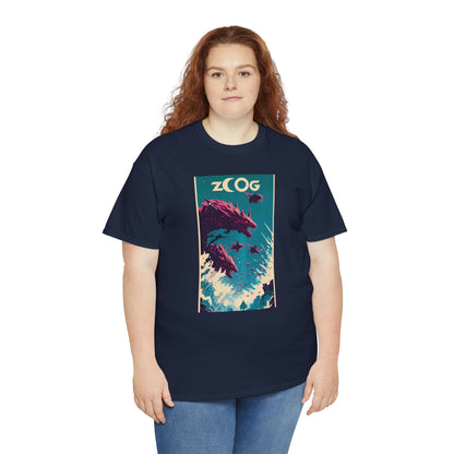 Woman wearing navy Wolf Wyrm tee with red hair.