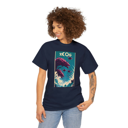 Woman wearing navy Wolf Wyrm tee looking right with hand on left hip.