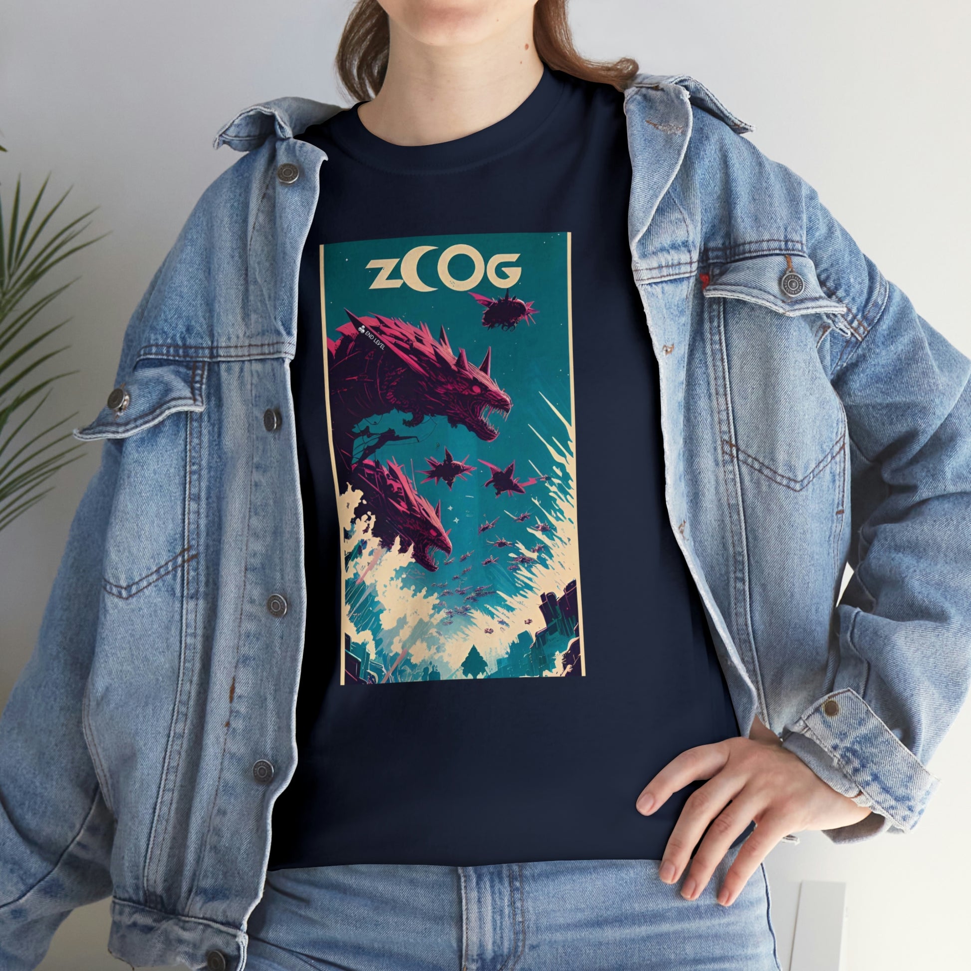 Woman wearing navy Wolf Wyrm tee with hand on hip.