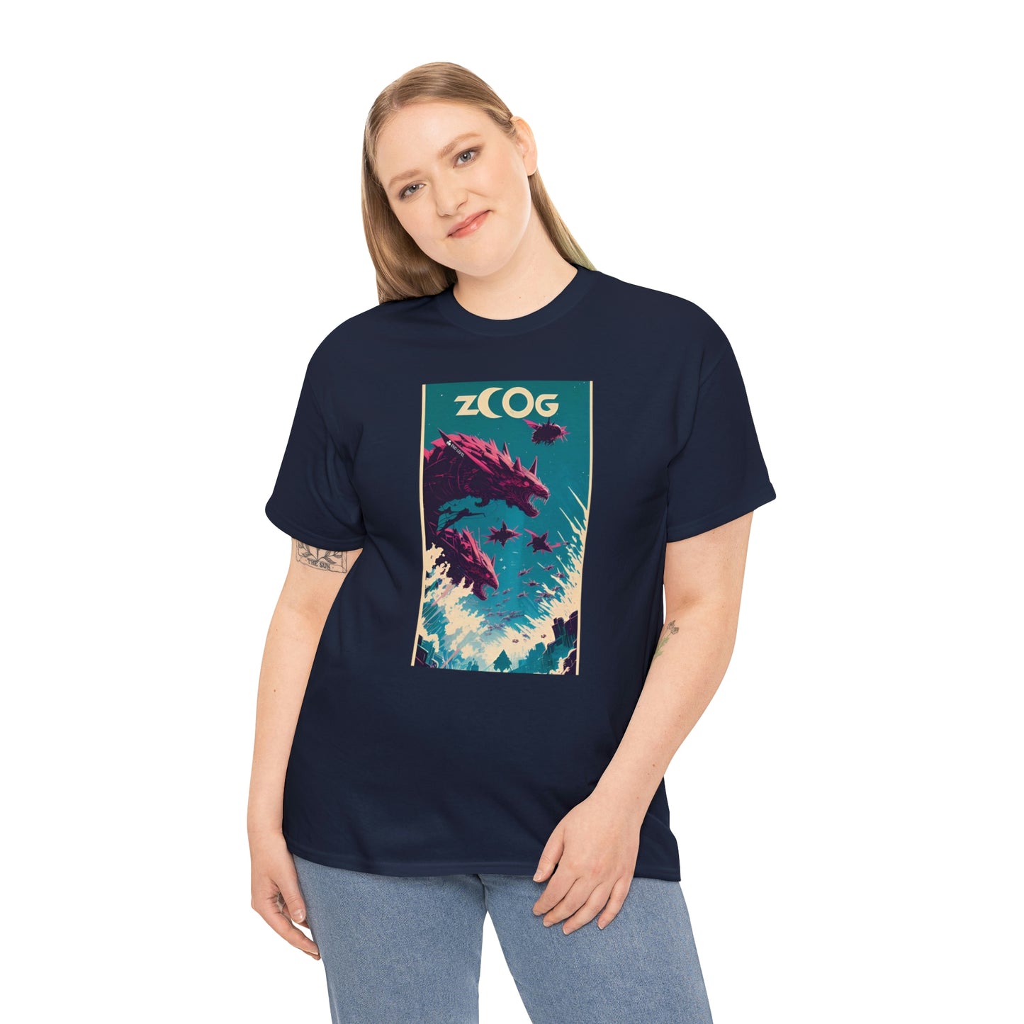 Woman wearing navy Wolf Wyrm tee with hand on right side.