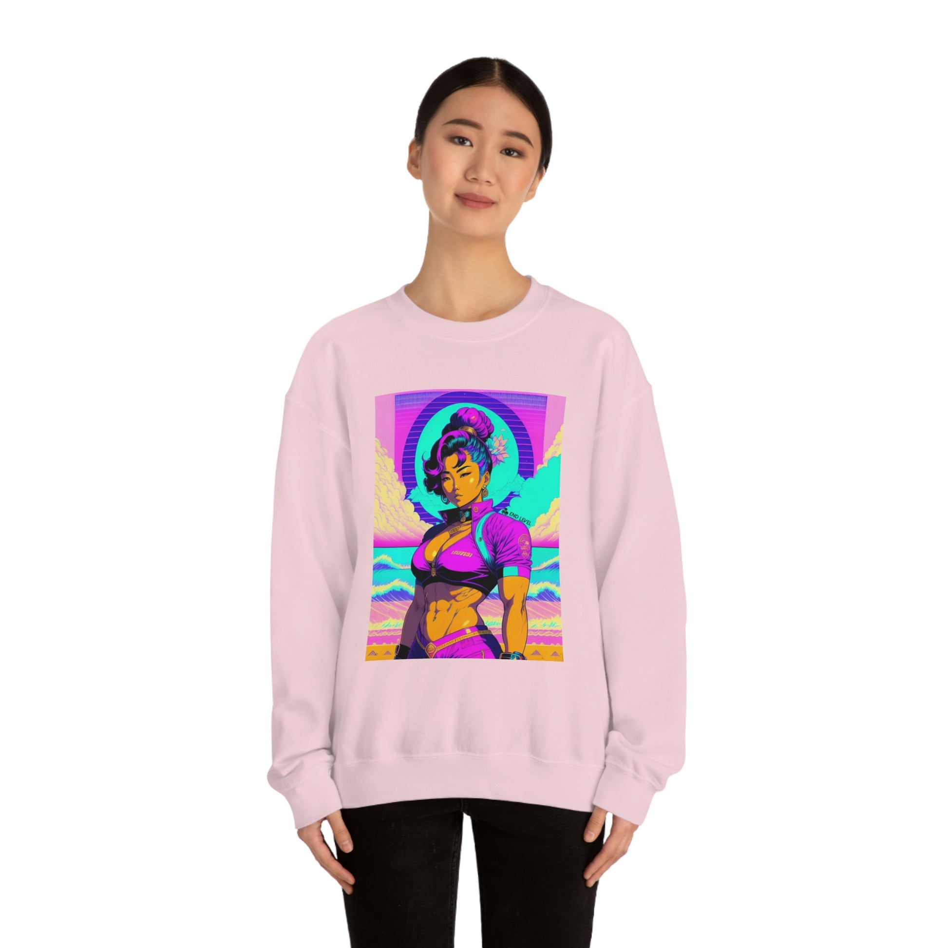 Woman wearing pink Lady Lotus sweatshirt with black pants.