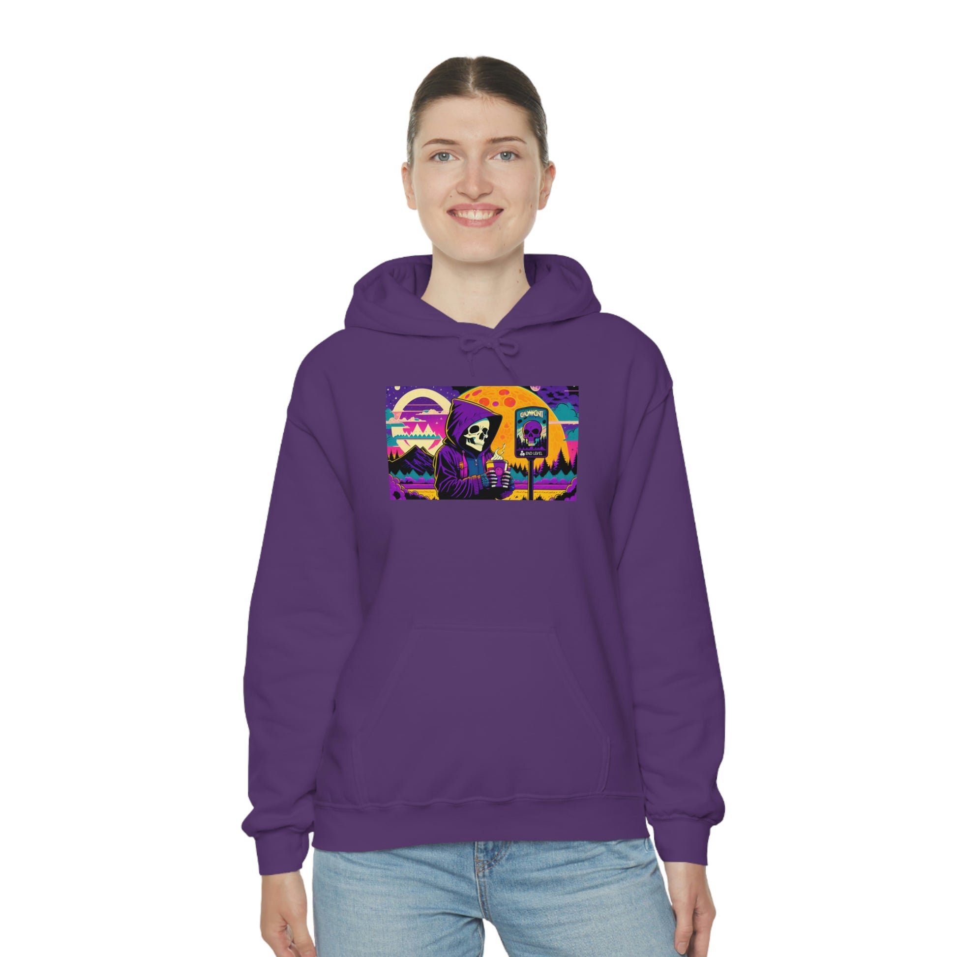 Woman wearing purple death and coffee hoodie.