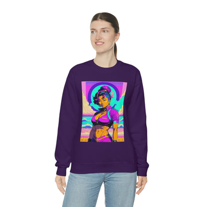 Woman wearing purple Lady Lotus sweatshirt.
