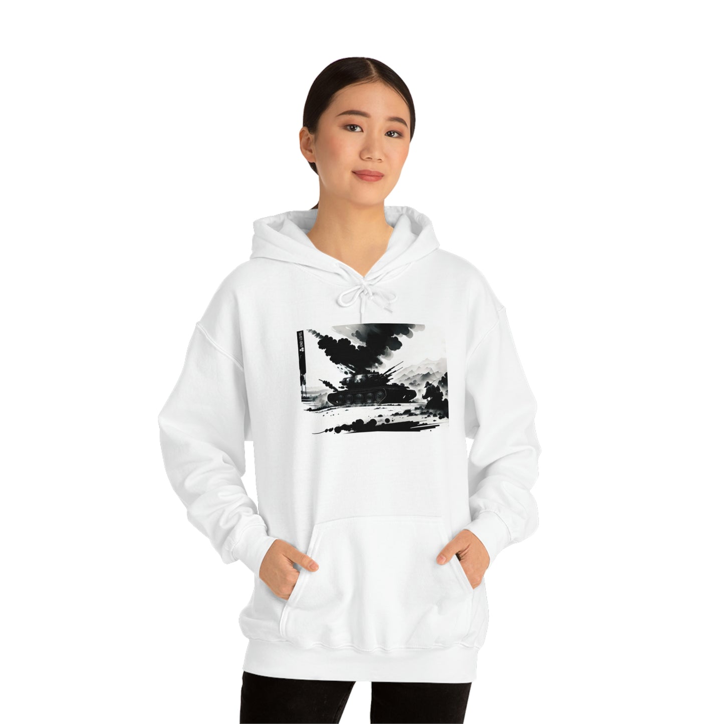 Woman wearing an Smoke design white hoodie with both hands in pouch.