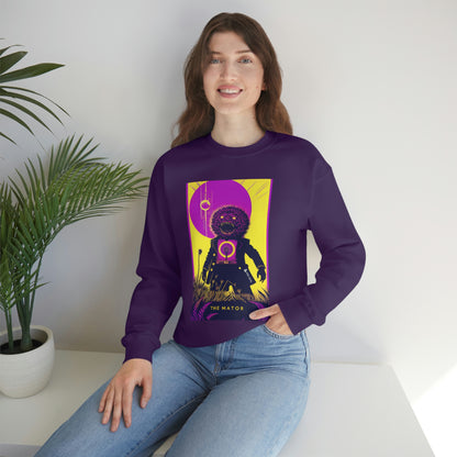 Woman with hand in jean pocket wearing The Mator purple sweatshirt beside plant.