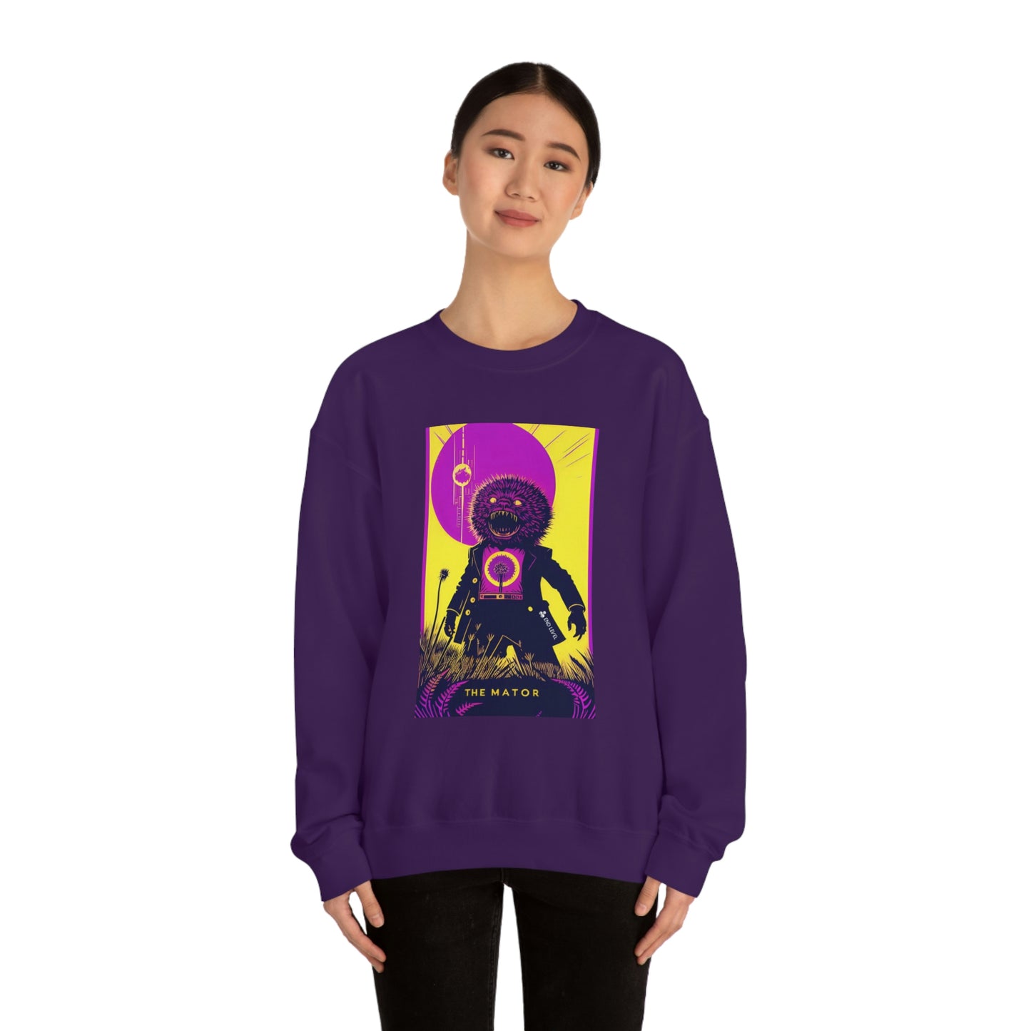 Woman wearing The Mator purple sweatshirt with black pants.