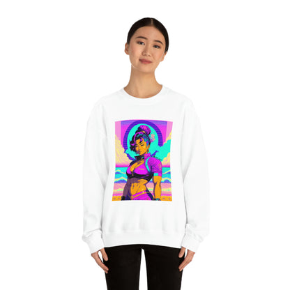 Woman wearing white Lady Lotus sweatshirt with black pants.