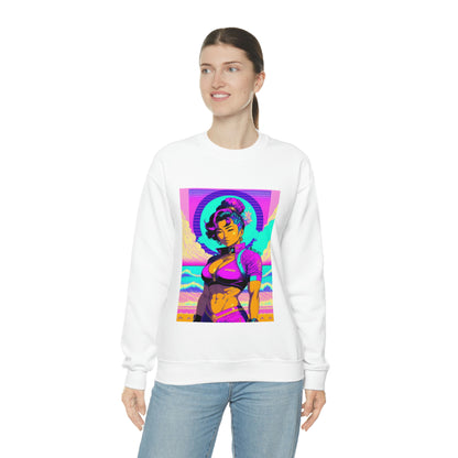 Woman wearing white Lady Lotus sweatshirt with blue jeans.