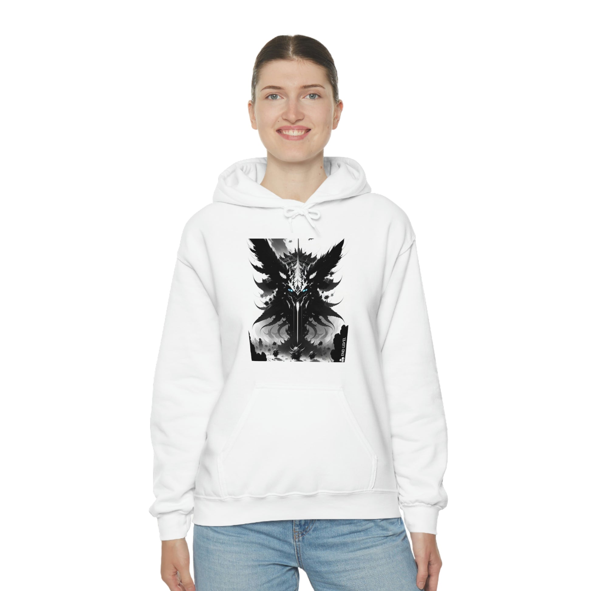 Woman wearing white Swarm hoodie with hands on hips.