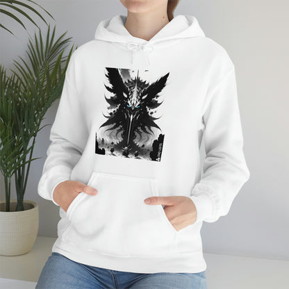 Woman sitting beside plant wearing white Swarm hoodie.