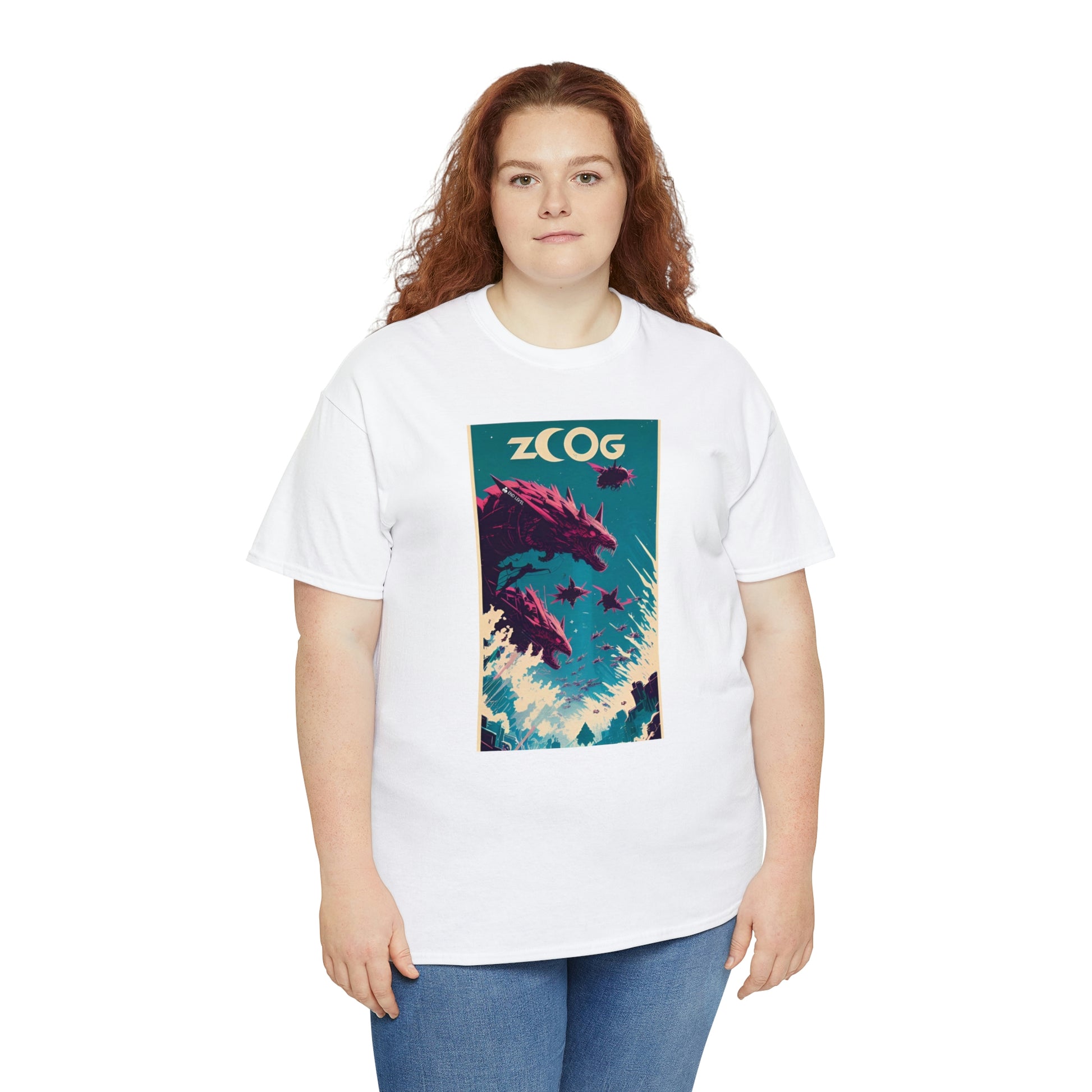 Woman wearing white Wolf Wyrm tee with red hair.