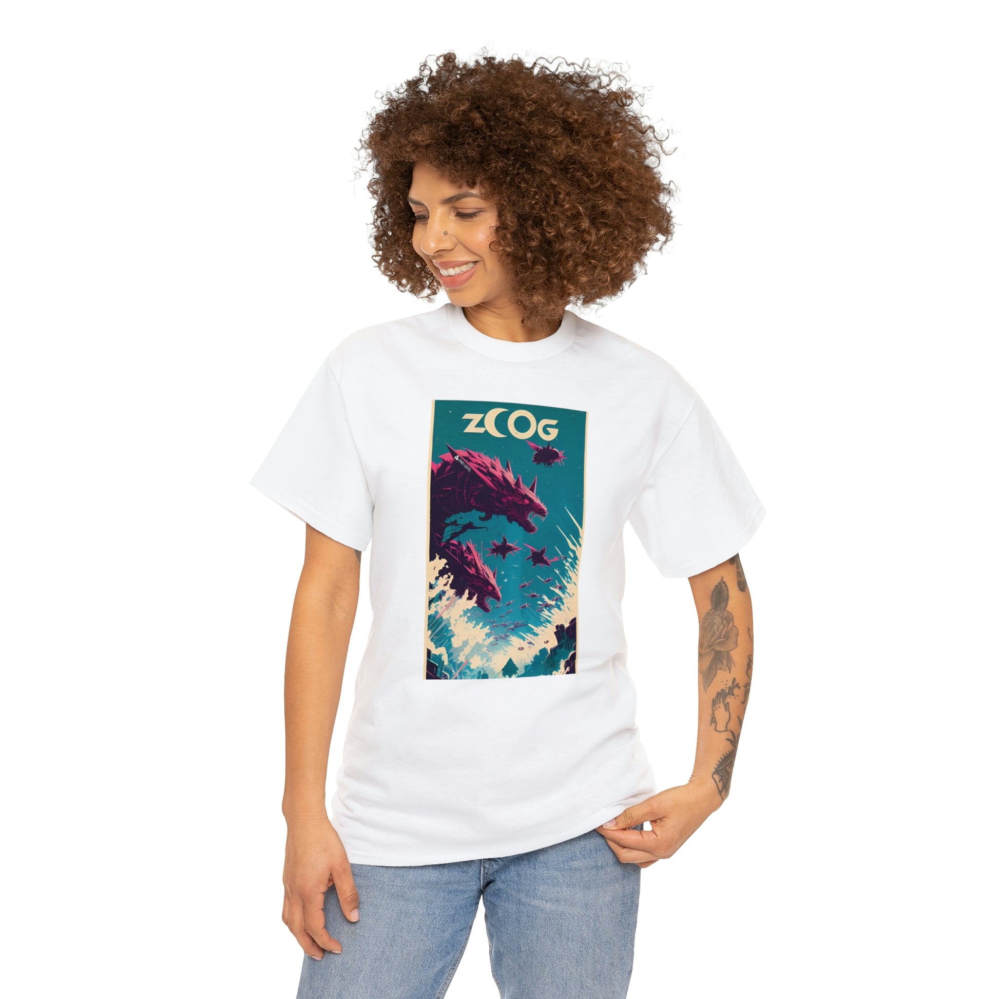 Woman wearing white Wolf Wyrm tee looking right with hand on left hip.