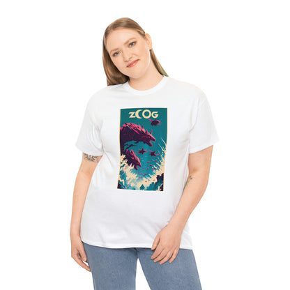 Woman wearing white Wolf Wyrm tee with hand on right side.