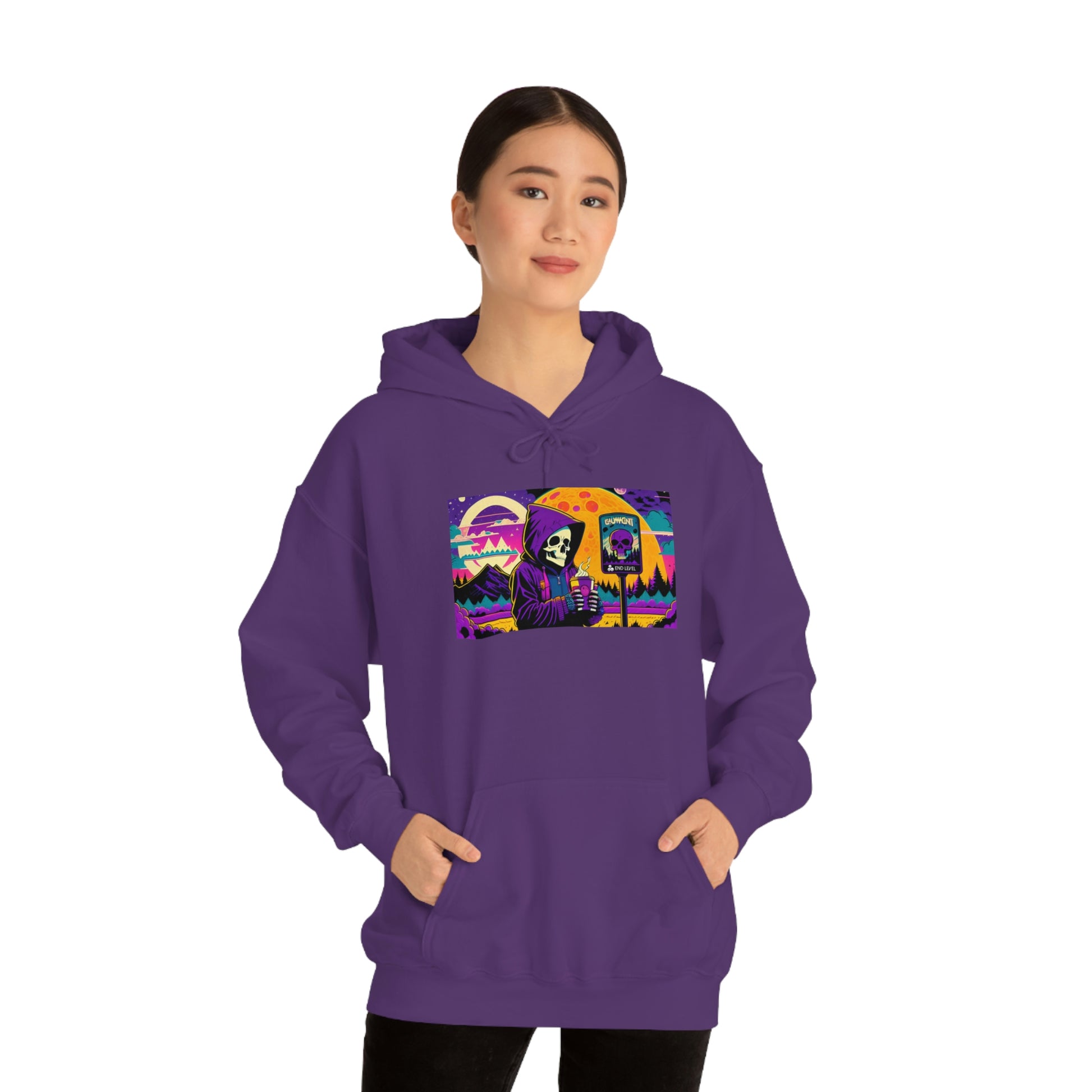 Woman with hands in purple death and coffee hoodie pouch.