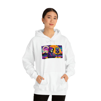 Woman with hands in white death and coffee hoodie pouch.